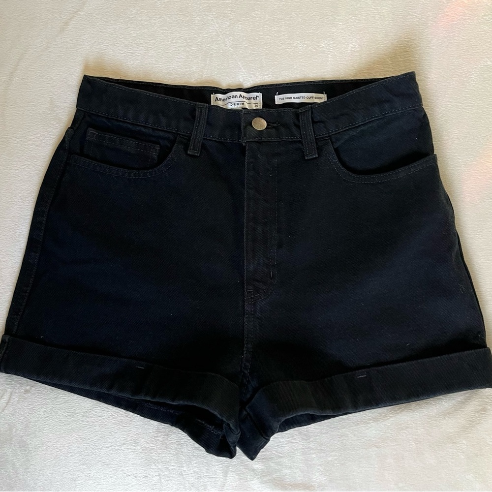American Apparel high-rise black denim cuffed shorts - size 30